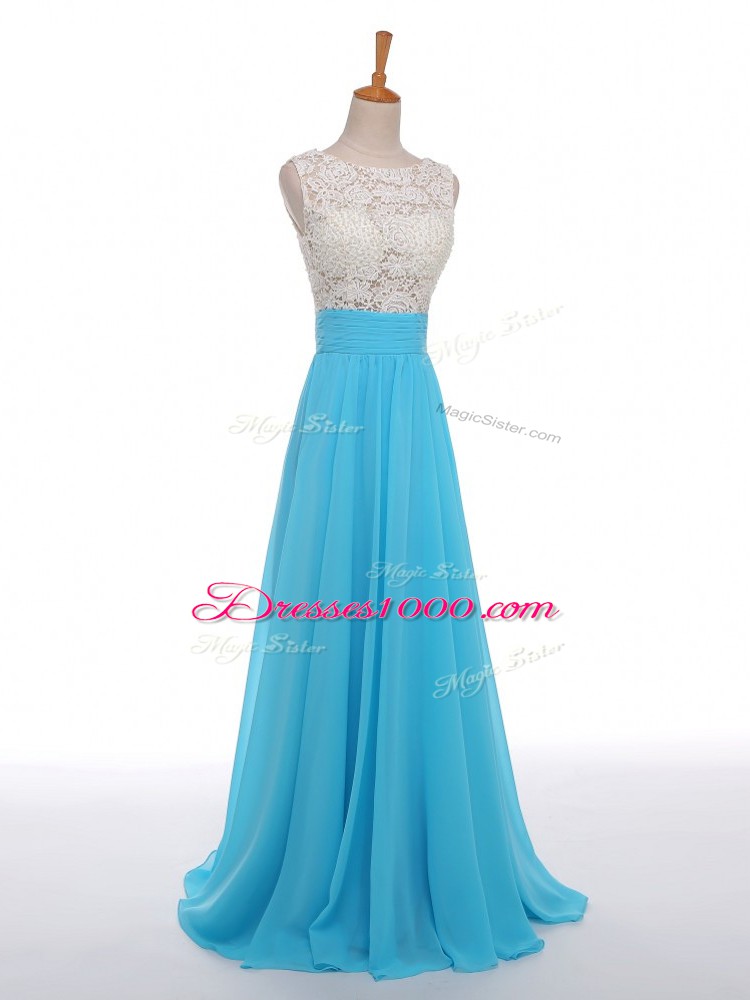 Baby Blue Chiffon Side Zipper Prom Dress Sleeveless Floor Length Lace and Appliques