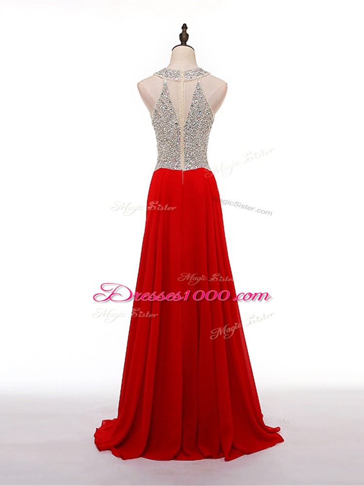 Pretty Red Prom Party Dress Chiffon Sleeveless Beading