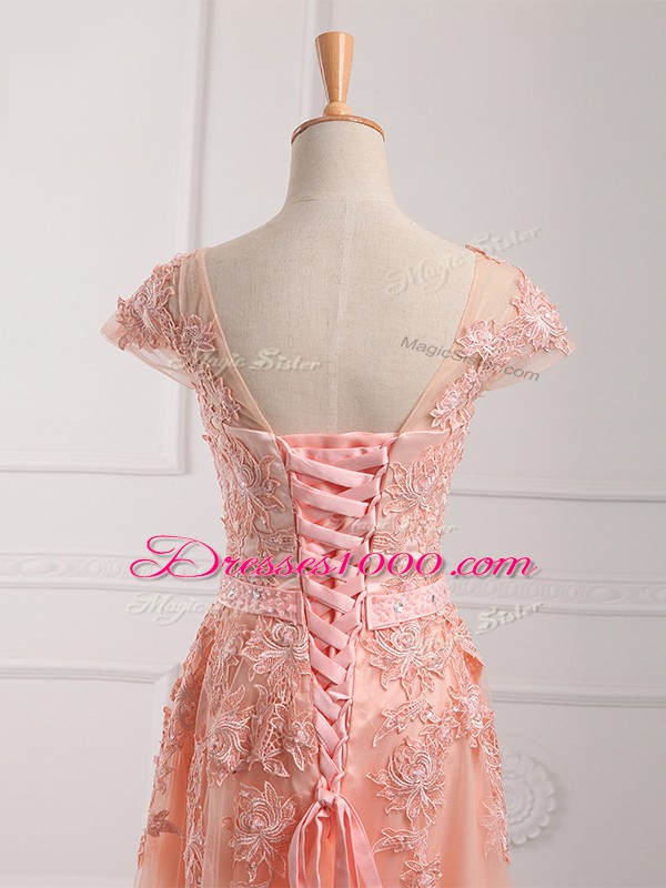 Flare Scoop Cap Sleeves Mother of Bride Dresses Floor Length Lace and Appliques and Belt Peach Tulle