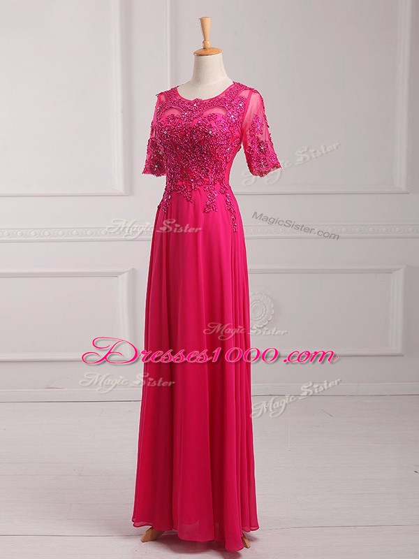 Fabulous Hot Pink Half Sleeves Chiffon Zipper Mother Dresses for Prom and Military Ball and Beach