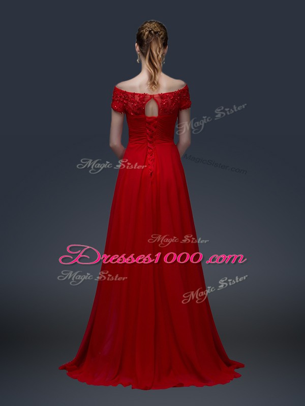 Cheap Short Sleeves Chiffon Floor Length Lace Up Mother Dresses in Green with Appliques