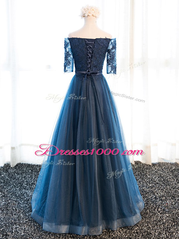 Superior Navy Blue Tulle Lace Up V-neck Half Sleeves Floor Length Mother of the Bride Dress Beading and Lace and Appliques