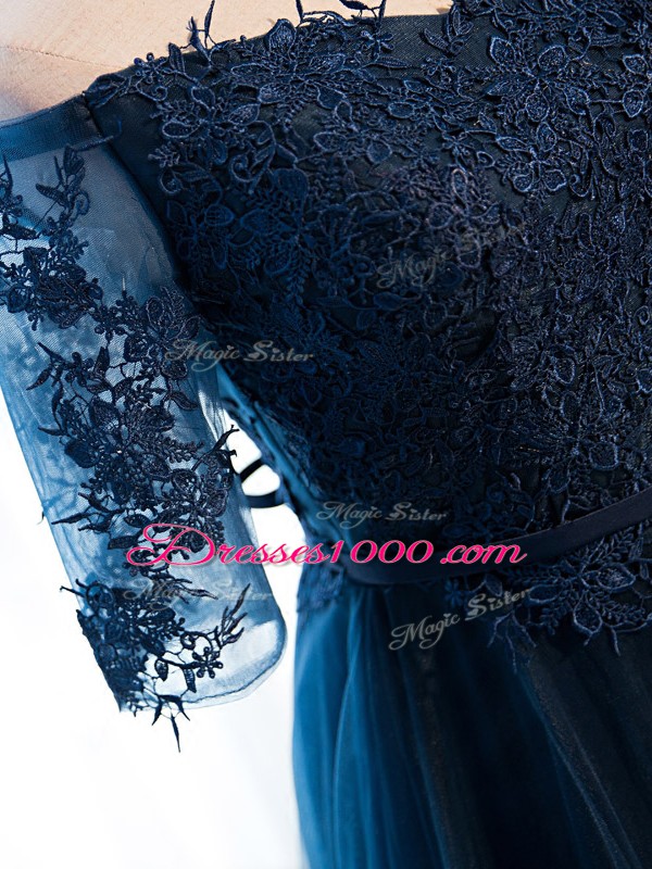 Superior Navy Blue Tulle Lace Up V-neck Half Sleeves Floor Length Mother of the Bride Dress Beading and Lace and Appliques