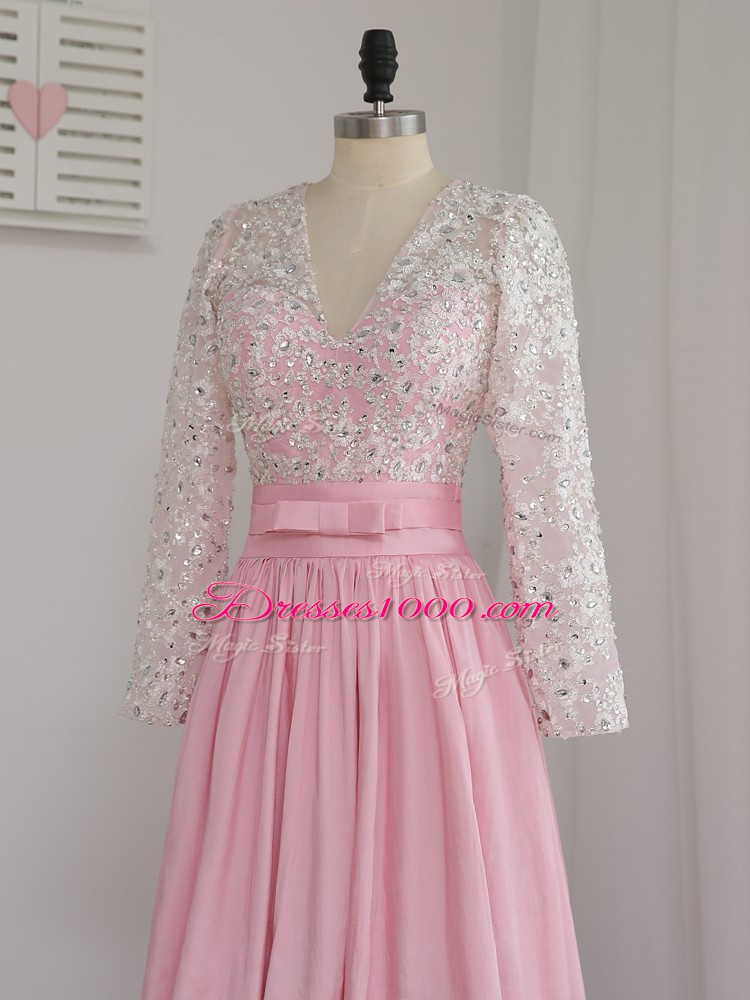 Baby Pink Prom and Party and Military Ball with Beading V-neck Long Sleeves Zipper
