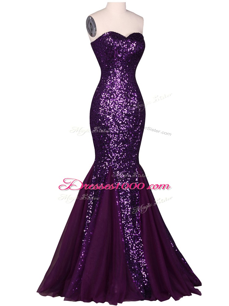 Excellent Purple Sleeveless Sequins Floor Length Prom Gown