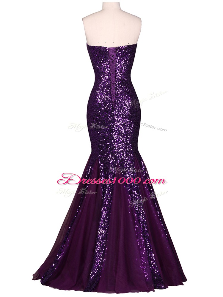 Excellent Purple Sleeveless Sequins Floor Length Prom Gown
