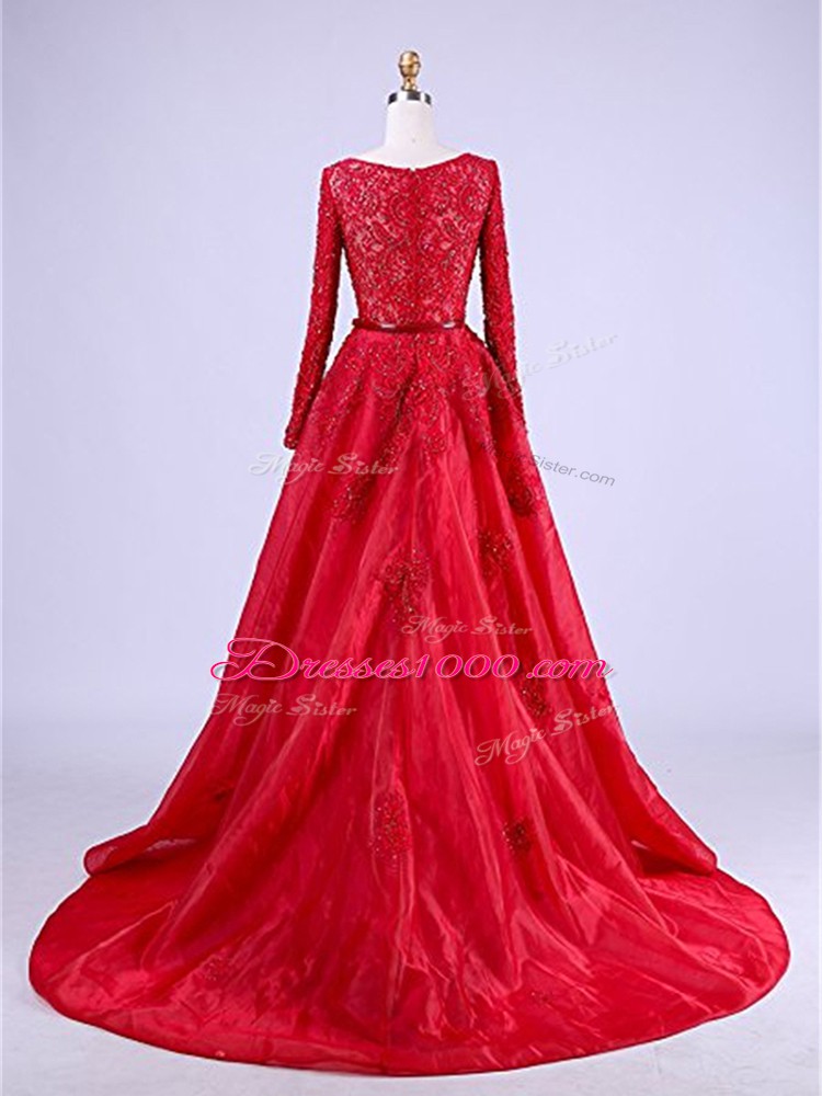 Beauteous Red Prom Gown Taffeta Brush Train Long Sleeves Beading and Lace
