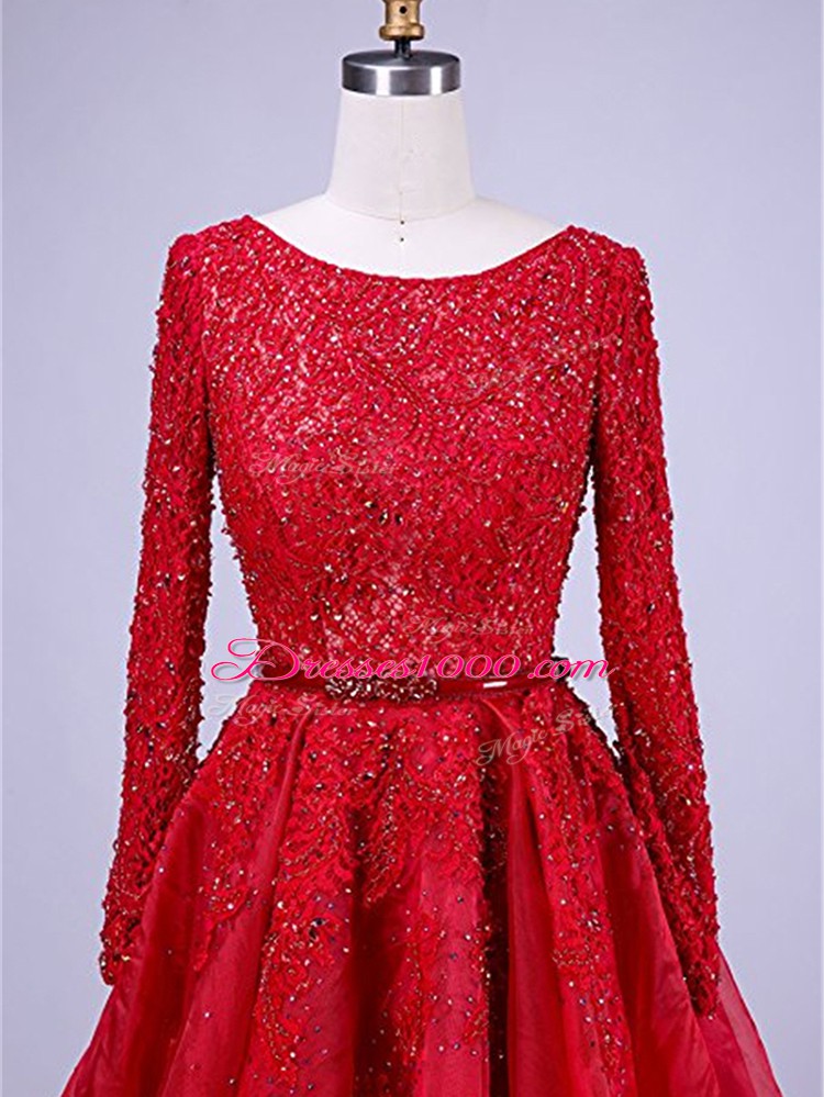 Beauteous Red Prom Gown Taffeta Brush Train Long Sleeves Beading and Lace
