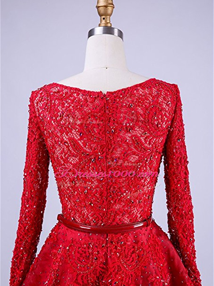 Beauteous Red Prom Gown Taffeta Brush Train Long Sleeves Beading and Lace