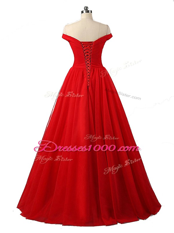 Sleeveless Tulle Floor Length Lace Up in Red with Ruching