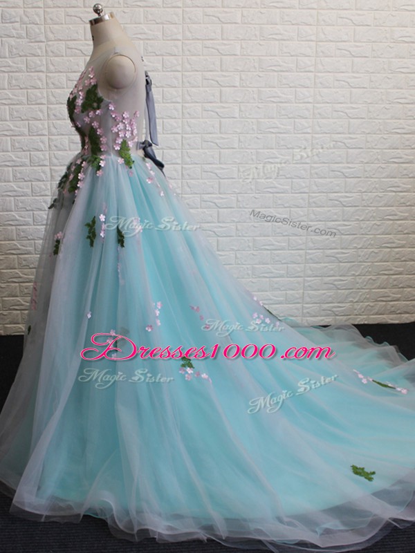 Tulle Sleeveless Pageant Dress for Teens Brush Train and Appliques