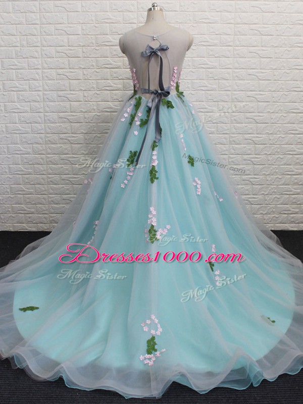 Tulle Sleeveless Pageant Dress for Teens Brush Train and Appliques