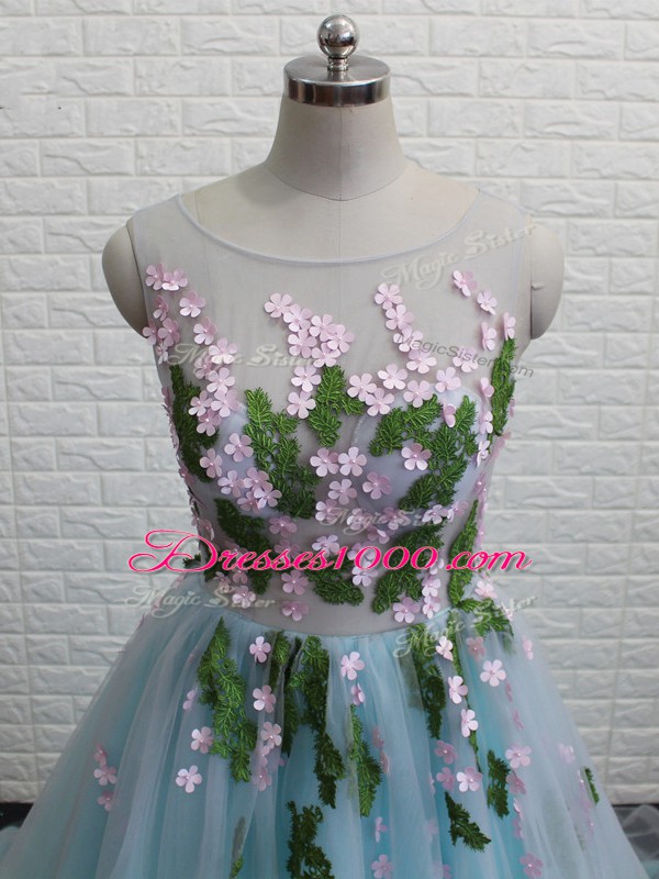Tulle Sleeveless Pageant Dress for Teens Brush Train and Appliques