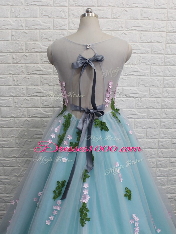 Tulle Sleeveless Pageant Dress for Teens Brush Train and Appliques