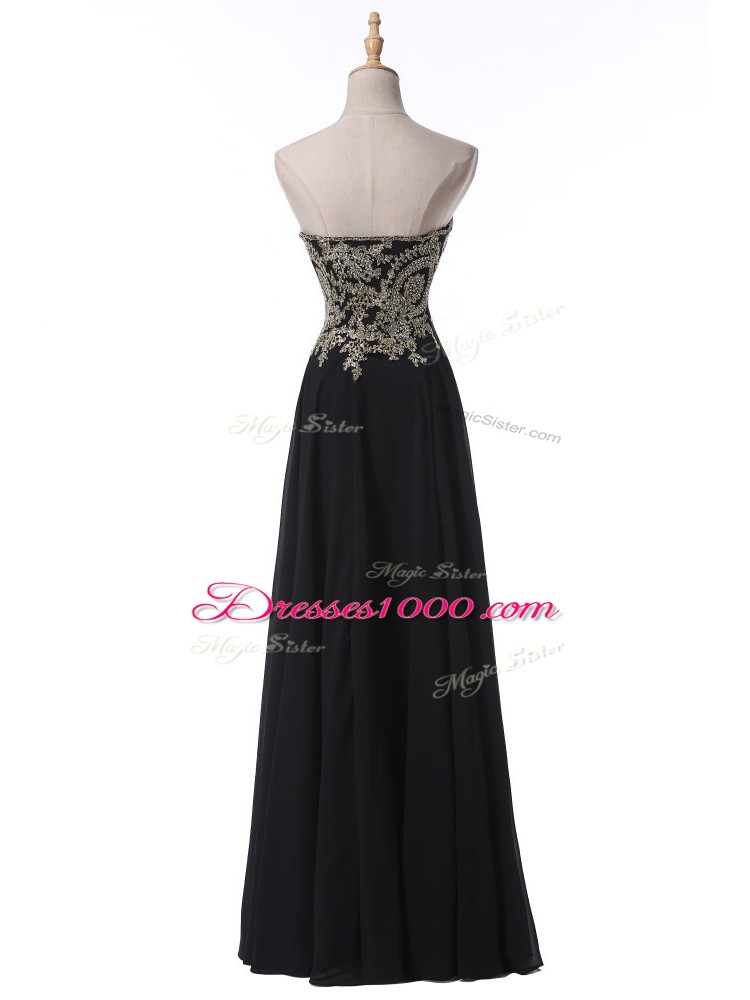 Black Chiffon Side Zipper Sweetheart Sleeveless Floor Length Evening Dress Beading and Appliques