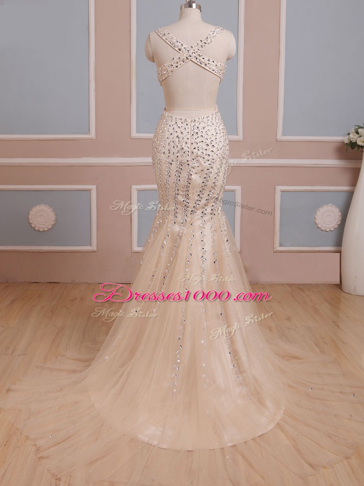 Champagne V-neck Criss Cross Beading Going Out Dresses Brush Train Sleeveless