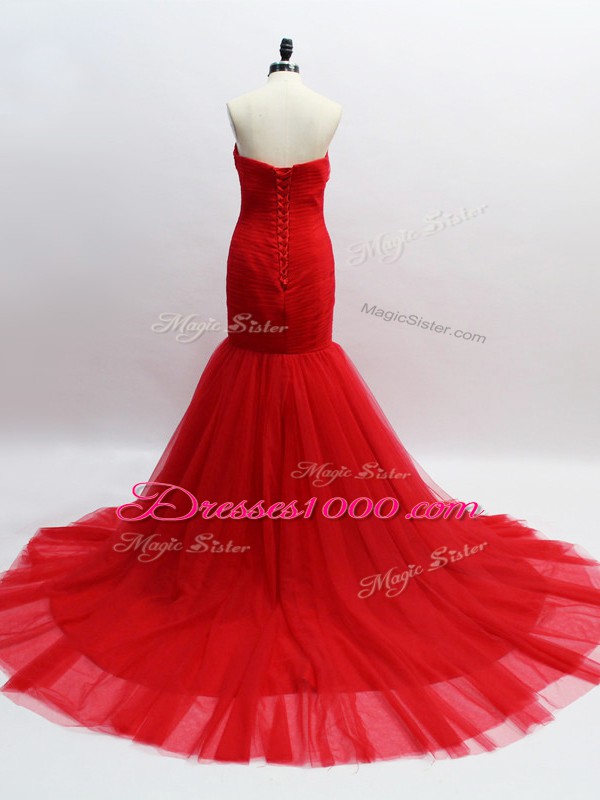 Red Tulle Brush Train Sleeveless Ruching