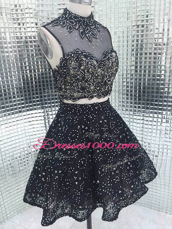 Black Backless Prom Gown Beading and Lace and Appliques Sleeveless Mini Length