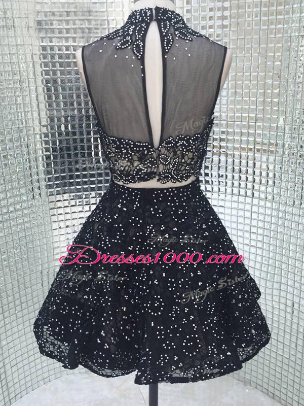 Black Backless Prom Gown Beading and Lace and Appliques Sleeveless Mini Length