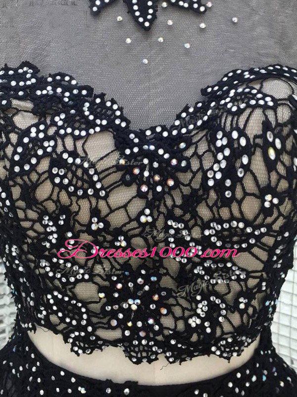 Black Backless Prom Gown Beading and Lace and Appliques Sleeveless Mini Length