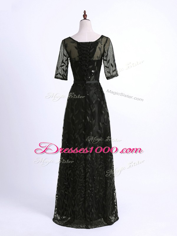 Best Selling Black Column/Sheath Scoop Half Sleeves Lace Floor Length Lace Up Lace and Appliques Mother of Bride Dresses