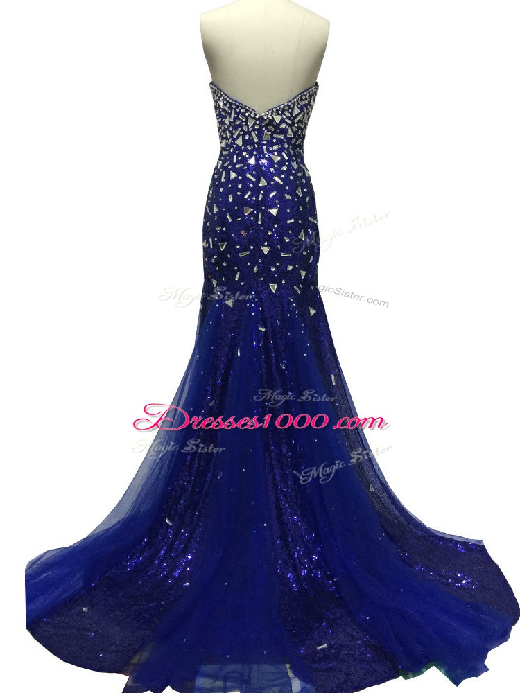 Royal Blue Sleeveless Tulle Brush Train Zipper Evening Party Dresses for Prom and Party