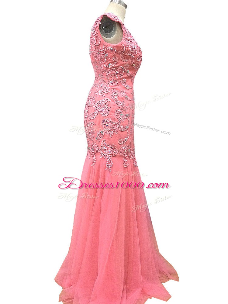 Mermaid Juniors Evening Dress Watermelon Red Scoop Tulle Sleeveless Floor Length Zipper