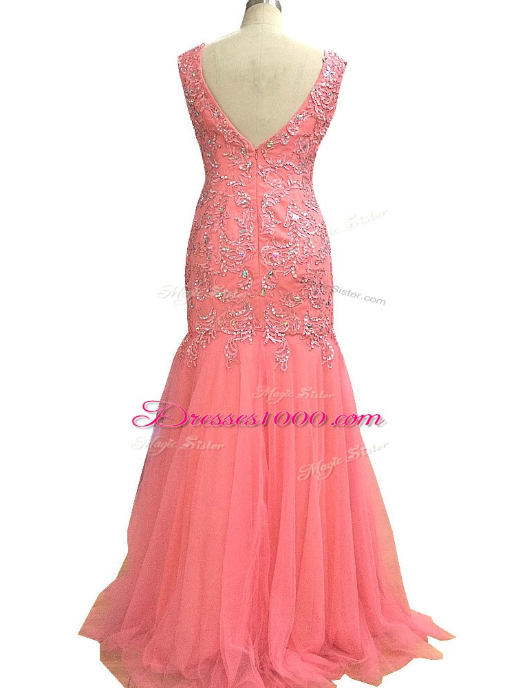 Mermaid Juniors Evening Dress Watermelon Red Scoop Tulle Sleeveless Floor Length Zipper
