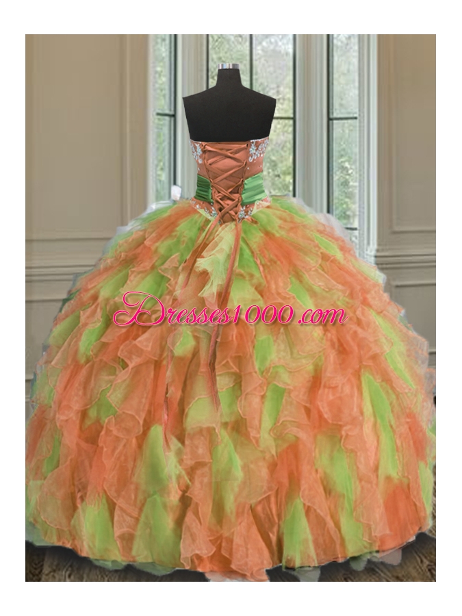 Glittering Organza Sweetheart Sleeveless Lace Up Beading and Ruffles and Sashes|ribbons Quinceanera Gowns in Multi-color