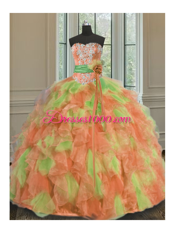 Glittering Organza Sweetheart Sleeveless Lace Up Beading and Ruffles and Sashes|ribbons Quinceanera Gowns in Multi-color