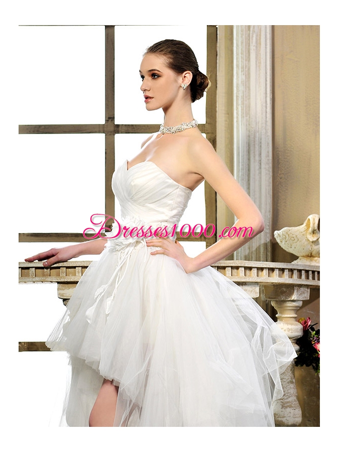 White Column/Sheath Sweetheart Sleeveless Tulle High Low Lace Up Ruching and Hand Made Flower Wedding Dress