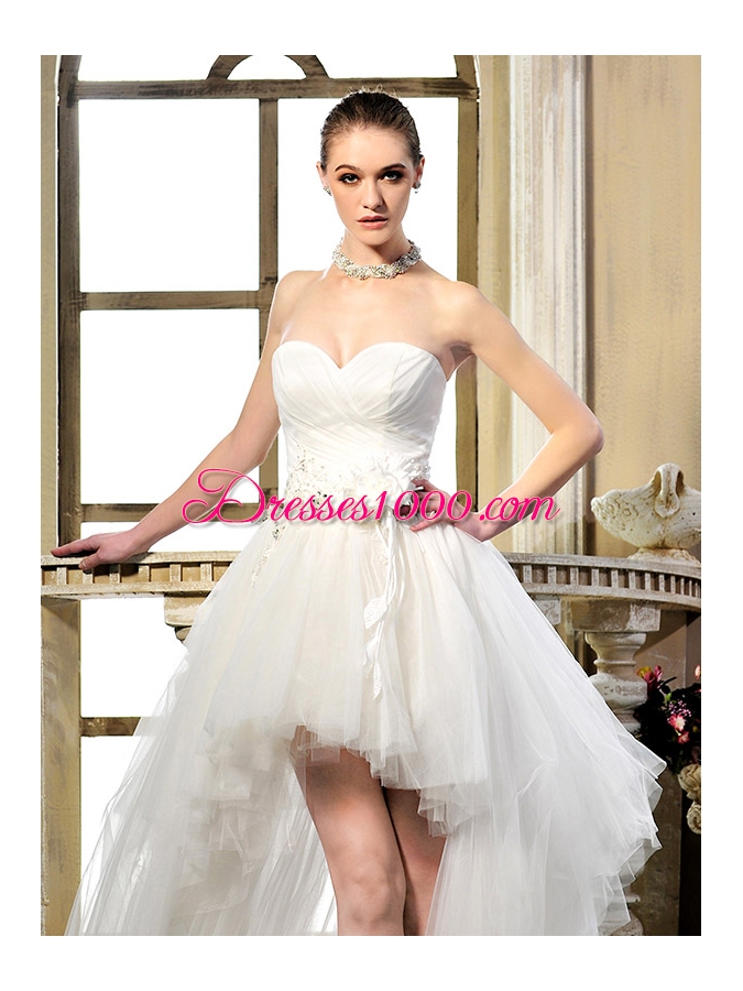 White Column/Sheath Sweetheart Sleeveless Tulle High Low Lace Up Ruching and Hand Made Flower Wedding Dress