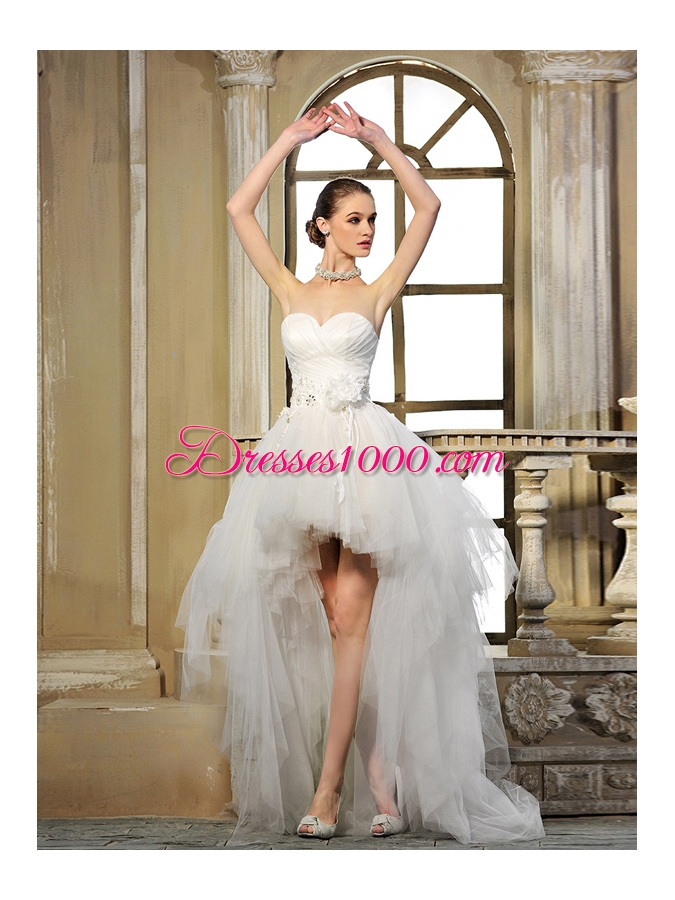 White Column/Sheath Sweetheart Sleeveless Tulle High Low Lace Up Ruching and Hand Made Flower Wedding Dress