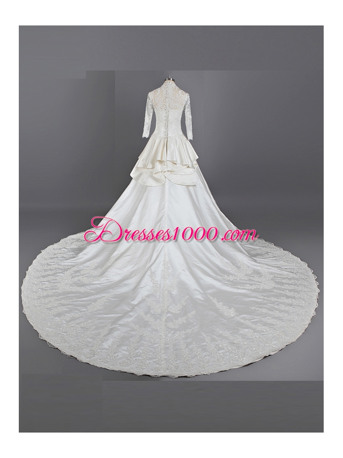 V-neck 3|4 Length Sleeve Cathedral Train Clasp Handle Wedding Dresses White Chiffon