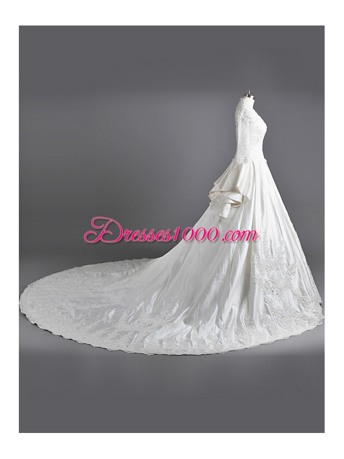V-neck 3|4 Length Sleeve Cathedral Train Clasp Handle Wedding Dresses White Chiffon