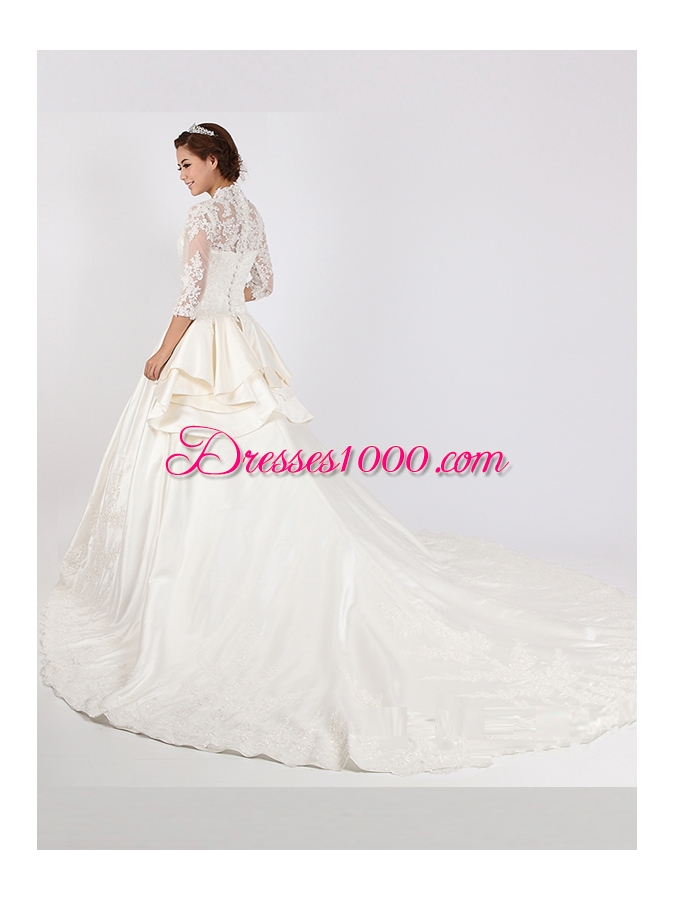 V-neck 3|4 Length Sleeve Cathedral Train Clasp Handle Wedding Dresses White Chiffon