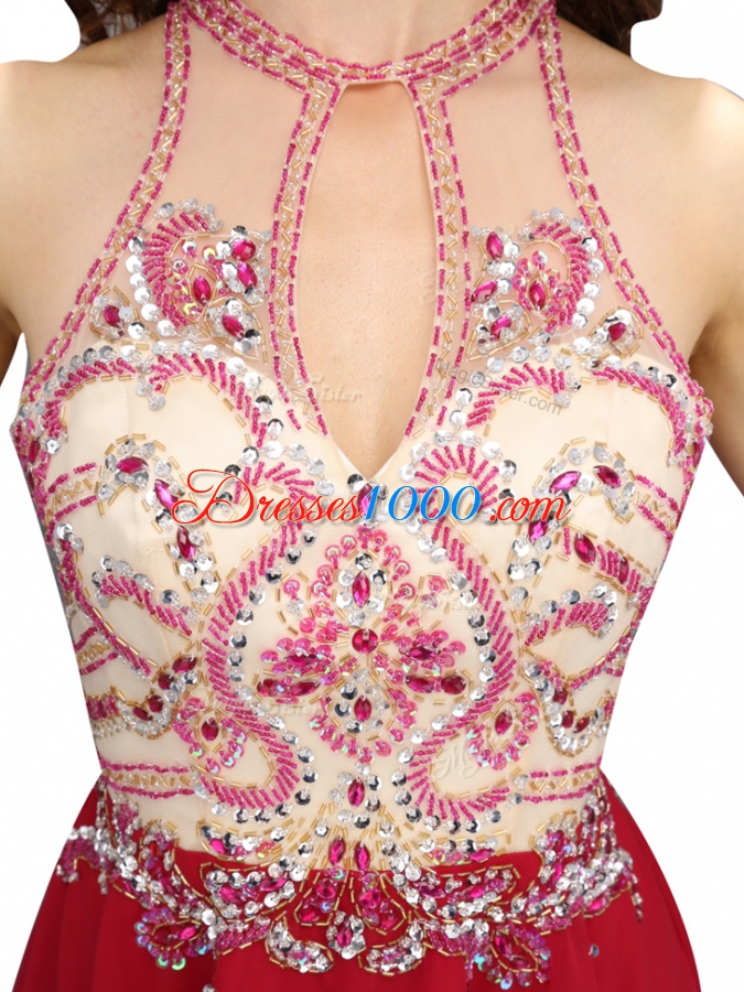 Mini Length Red Dress for Prom Chiffon Sleeveless Beading