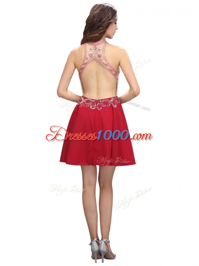 Mini Length Red Dress for Prom Chiffon Sleeveless Beading