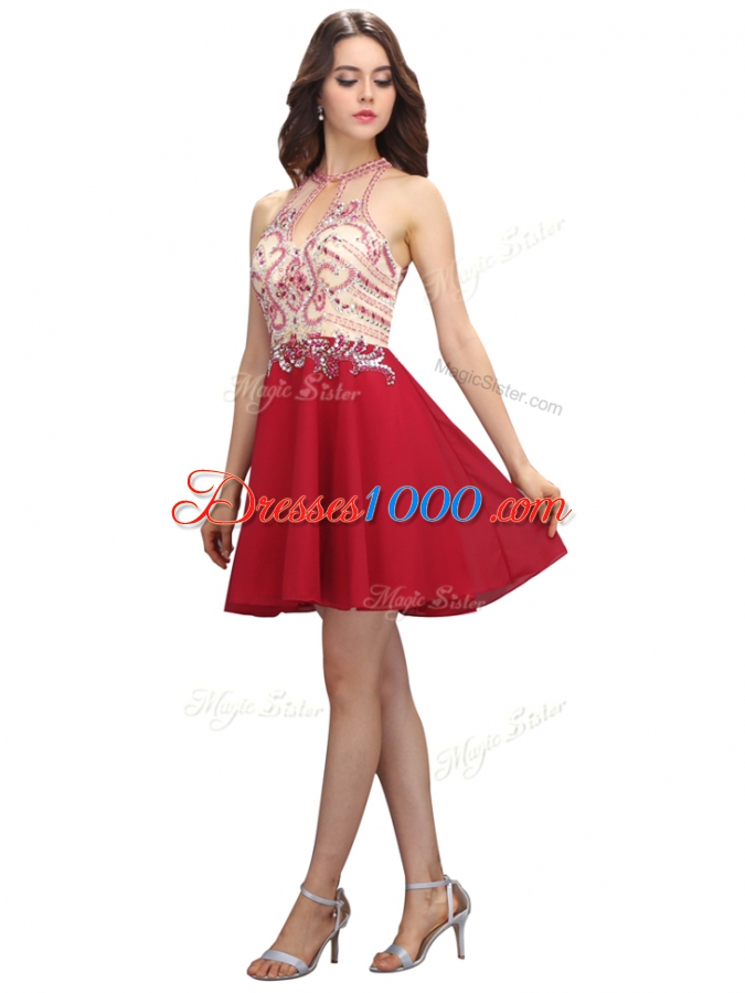 Mini Length Red Dress for Prom Chiffon Sleeveless Beading