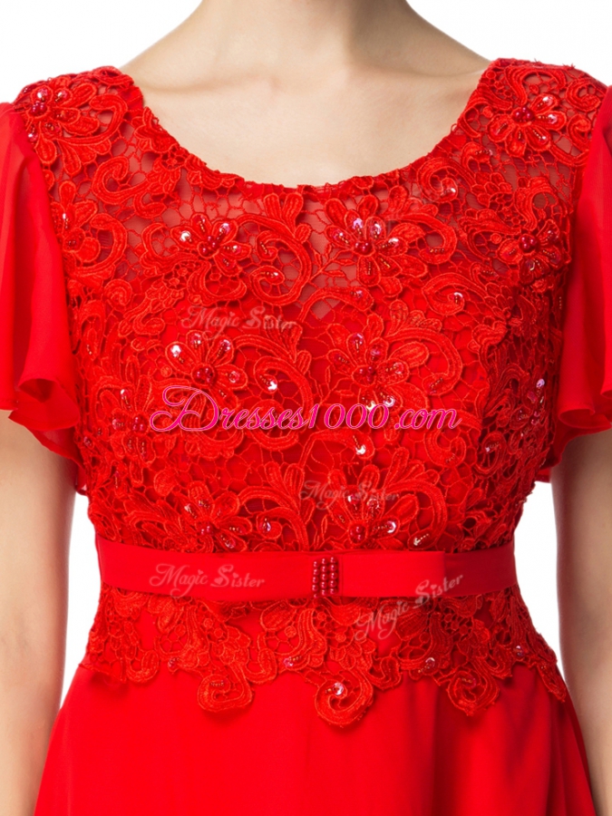 Pretty Floor Length Red Evening Dress Scoop Short Sleeves Backless