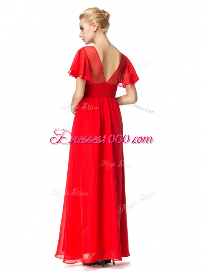 Pretty Floor Length Red Evening Dress Scoop Short Sleeves Backless