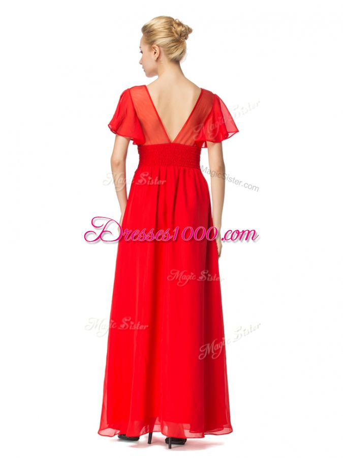 Pretty Floor Length Red Evening Dress Scoop Short Sleeves Backless
