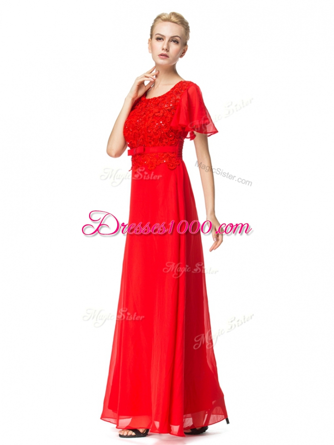 Pretty Floor Length Red Evening Dress Scoop Short Sleeves Backless