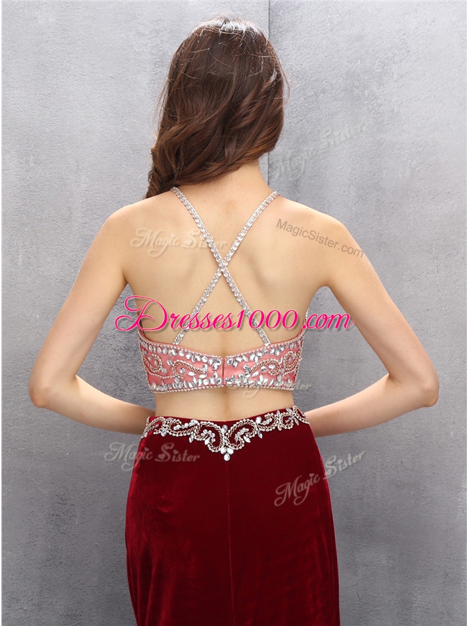 Colorful Scoop Criss Cross With Train Burgundy Evening Dress Silk Like Satin Sweep Train Sleeveless Beading