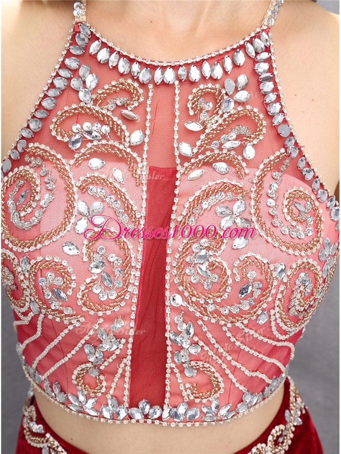 Colorful Scoop Criss Cross With Train Burgundy Evening Dress Silk Like Satin Sweep Train Sleeveless Beading