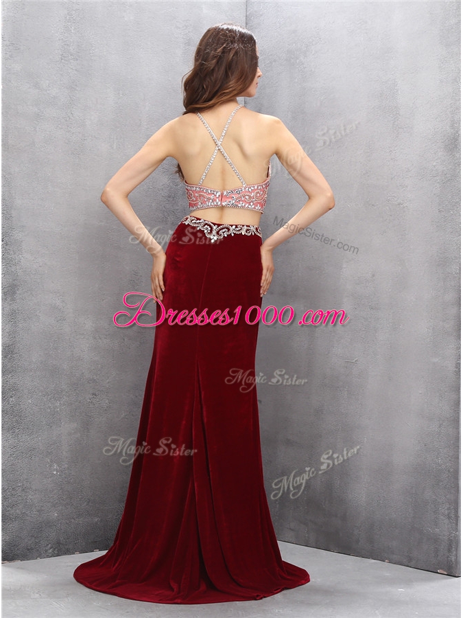Colorful Scoop Criss Cross With Train Burgundy Evening Dress Silk Like Satin Sweep Train Sleeveless Beading