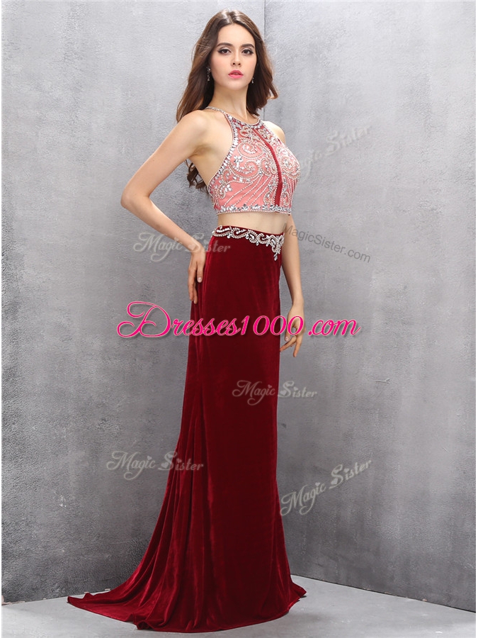 Colorful Scoop Criss Cross With Train Burgundy Evening Dress Silk Like Satin Sweep Train Sleeveless Beading