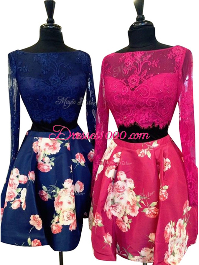 Multi-color A-line Lace Party Dress Zipper Satin Long Sleeves Mini Length