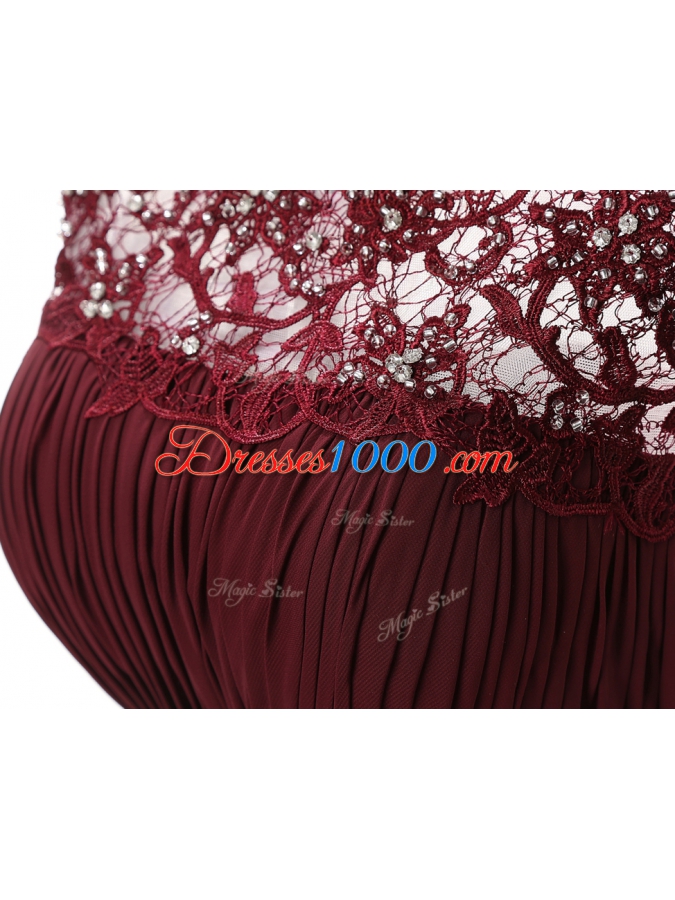 Pretty Scoop Sleeveless Prom Party Dress Floor Length Appliques Burgundy Chiffon