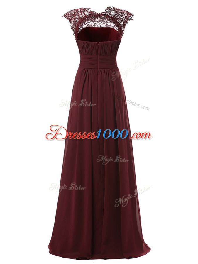 Pretty Scoop Sleeveless Prom Party Dress Floor Length Appliques Burgundy Chiffon